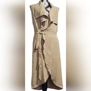 Tan Pinstriped Sleeveless Belted Duster